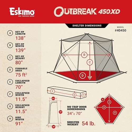 Eskimo Outbreak Portable Pop-Up Ice Fishing Shelter, Stormshield Insulated Fabric, No Trip Door, Durable Hub Design, Deluxe Tie Downs, Red/Black