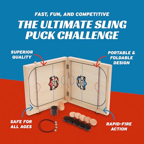 Crazy Games XL Fast Sling Puck Game | Tabletop Skittles Game I 24" Wooden Family Indoor Game for Two Players | Super Winner Sling Puck Game for Family | Hockey Games for Adults & Kids