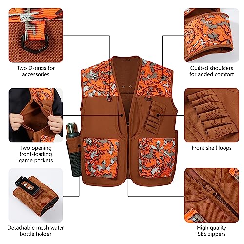 BASSDASH Upland Game Field Water-Resistant Bird Hunting Vest with Multi Pockets Brown/Orange Men Women FV11
