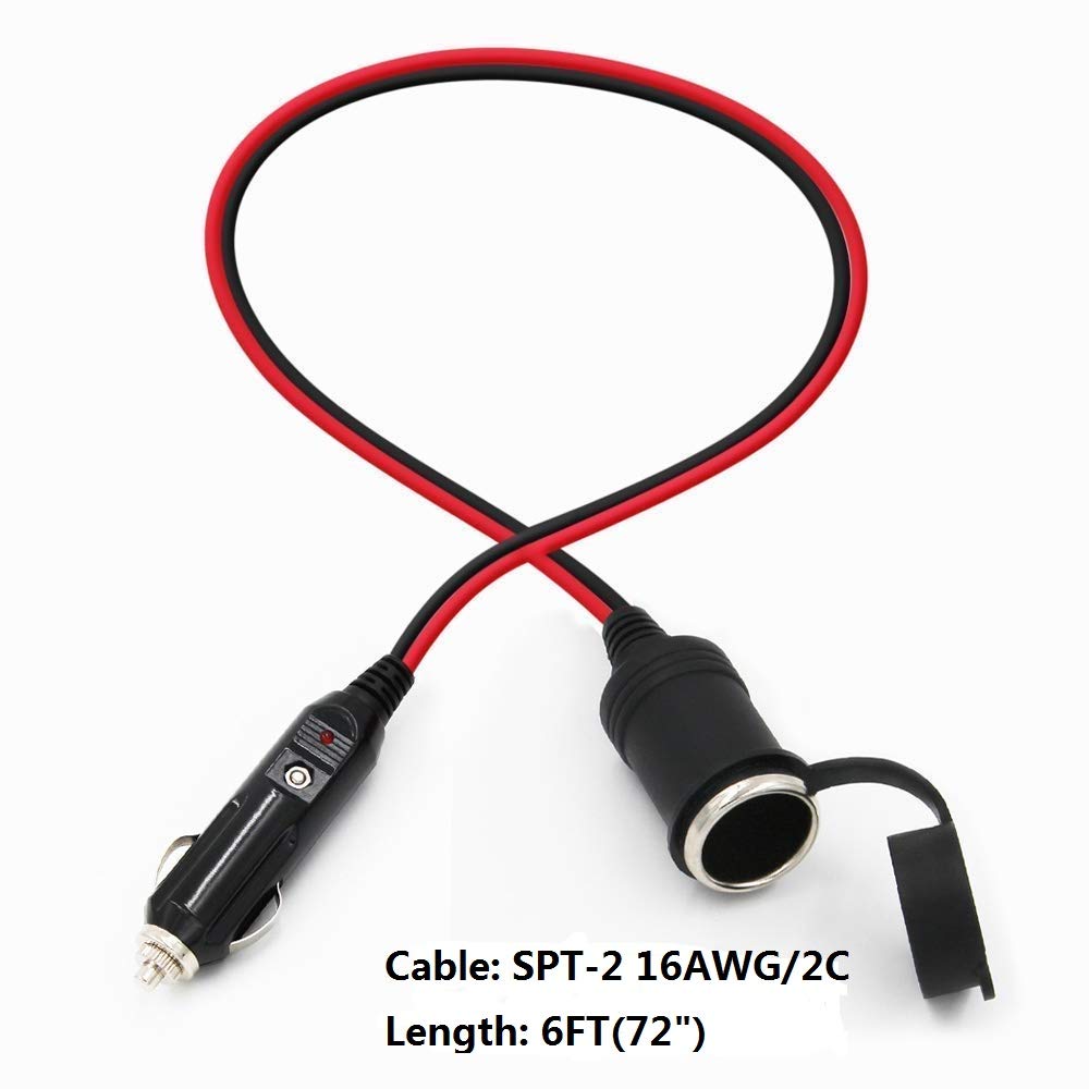 12V Cigarette Lighter Extension Cord 12FT -Car Charger Cigar Lighter Male Plug to Female Socket 16AWG Heavy Duty Extension Cable with LED Lights Extender for Air Compressor Pump and Tire Inflator 15A