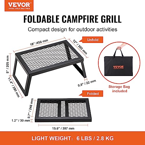 VEVOR Folding Campfire Grill, Heavy Duty Steel Mesh Grate, 22.4" Portable Camping Grates Over Fire Pit, Camp Fire Cooking Equipment with Legs Carrying Bag, Grilling Rack for Outdoor Open Flame Cooking