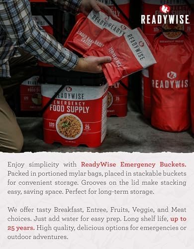 READYWISE - Emergency Food Supply Bucket, 120 Servings, MRE Meal Food Supply, Premade, Freeze Dried Survival Rations for Hiking, Adventure & Camping Essentials, Individually Packaged, 25 Year Shelf Life