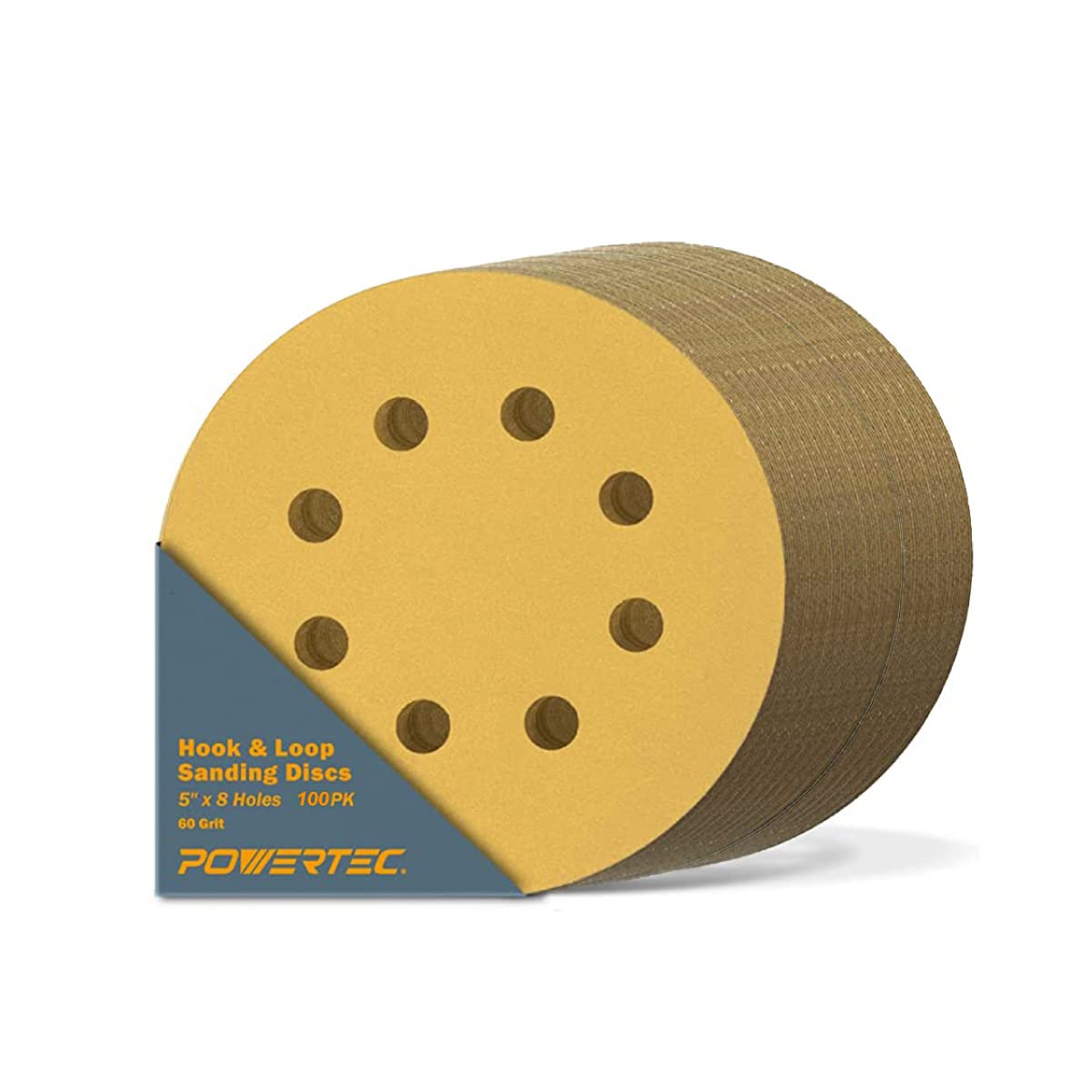 POWERTEC 50 PCS 220 Grit - 5 Inch 8 Hole Hook and Loop Sanding Discs, 5" Sanding Pads for Automotive, Drywall, Woodworking with Orbital Sander, Air, and DA Sander (44022G-50)