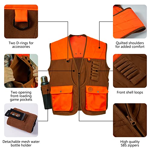 BASSDASH Upland Game Field Water-Resistant Bird Hunting Vest with Multi Pockets Brown/Orange Men Women FV11
