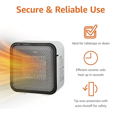 Amazon Basics Ceramic Space Heater, Mini Heater for Office Desk, Portable Tent Heater for Camping (Indoor Use), 500 W, With Tip-Over Protection, Lightweight (1.4 LBS), Black, 5.8"D x 3.4"W x 6"H
