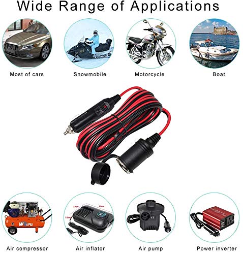 12V Cigarette Lighter Extension Cord 12FT -Car Charger Cigar Lighter Male Plug to Female Socket 16AWG Heavy Duty Extension Cable with LED Lights Extender for Air Compressor Pump and Tire Inflator 15A