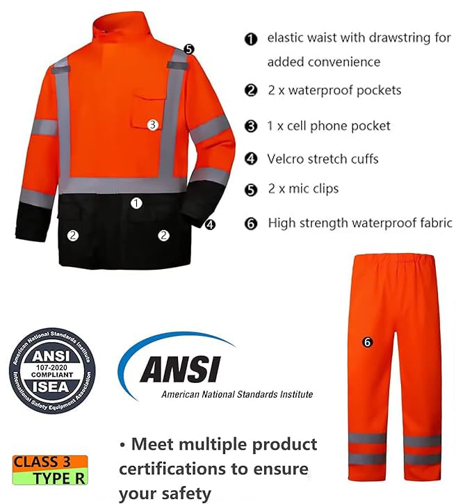 SRsafety High Visibility Rain Gear, Class 3 High Visibility Work Rain Gear for Men, Construction Rain Suits