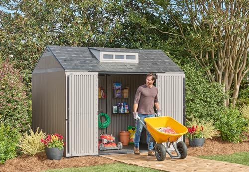 Rubbermaid Extra Large Resin Outdoor Storage Shed With Floor (7 x 10 Ft.), Weather Resistant, Brown, Organization for Home/Lawn Mower/Backyard Equipment/Bike Storage/Pool Supplies