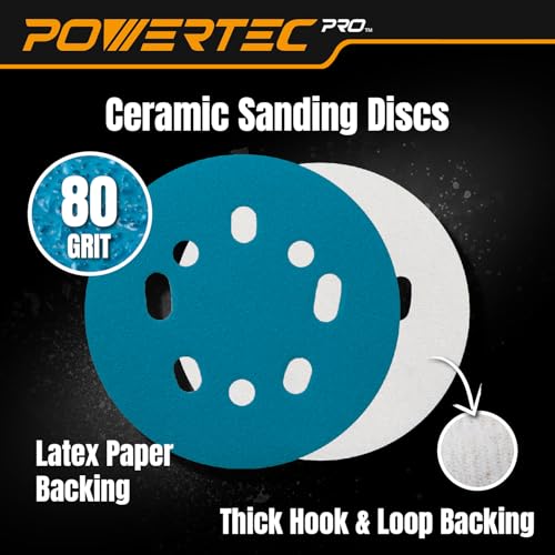POWERTEC 50 PCS 220 Grit - 5 Inch 8 Hole Hook and Loop Sanding Discs, 5" Sanding Pads for Automotive, Drywall, Woodworking with Orbital Sander, Air, and DA Sander (44022G-50)