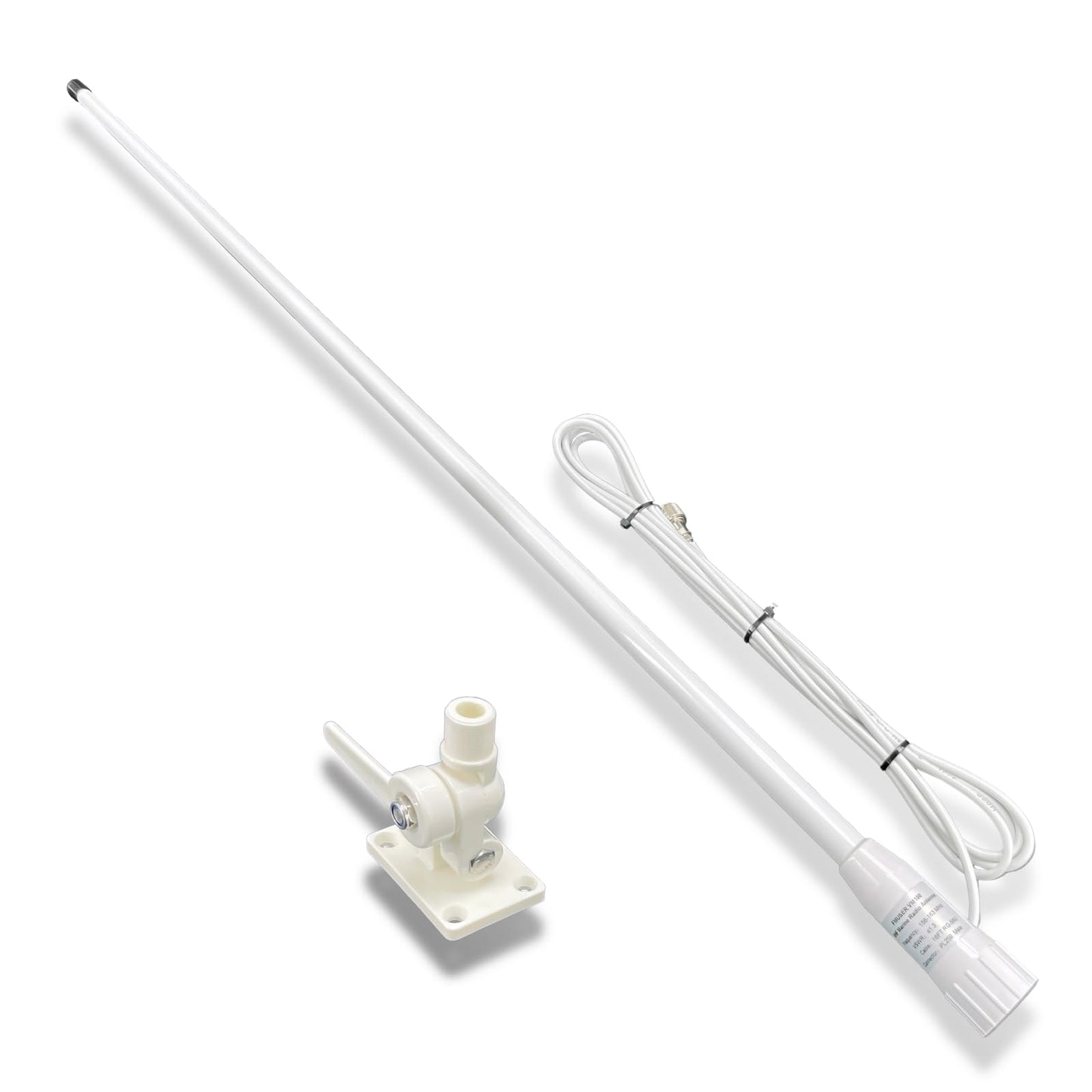 VM100 VHF Marine Radio Antenna,44 Inch Waterproof Fiberglass Boat Antenna with Adjustable Ratchet Fixed Mount and 16 ft RG-58U Cable