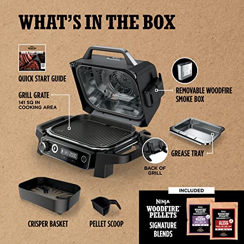 Ninja | Woodfire Series | 7-in-1 (Grill, BBQ, Roast, Air Fry, Dehydrate, Broil, Smoke) | Portable & Weather Resistant | Cook Up To 6 Steaks & 30 Hot Dogs | Woodfire Pellets included | OG701