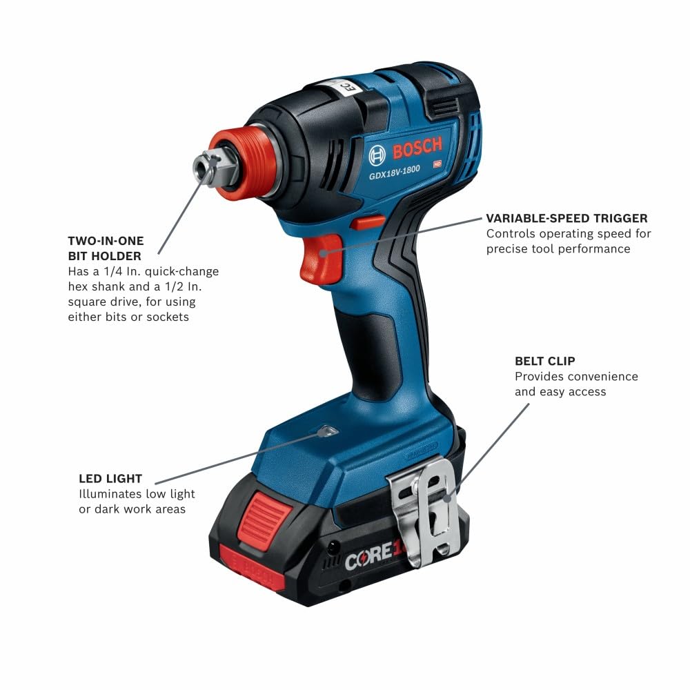 BOSCH GXL18V-501B25 18V 5-Tool Combo Kit with 2-In-1 Bit/Socket Impact Driver/Wrench, 1/2 In. Hammer Drill/Driver, Reciprocating Saw, Circular Saw, LED Worklight and (2) CORE18V 4 Ah Compact Batteries