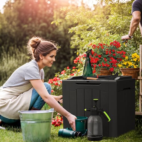 Devoko 100 Gallon Waterproof Large Resin Deck Box Indoor Outdoor Lockable Storage Container for Patio Furniture Cushions Garden Tools (100 Gallon, Black)