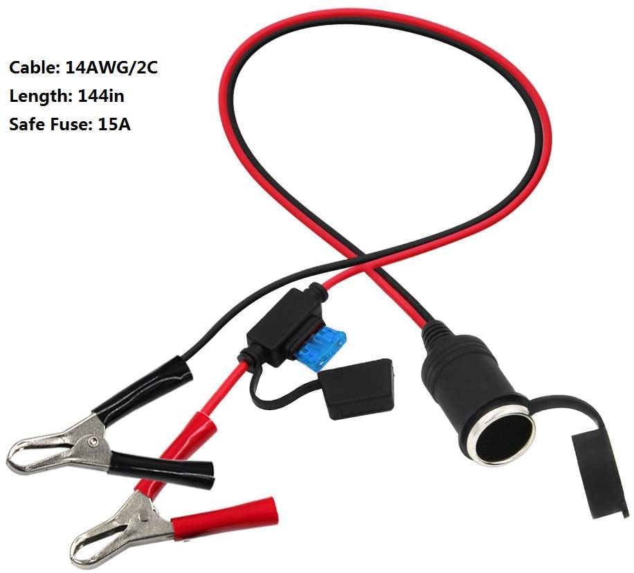 SPARKING 12FT 12V Female Car Socket Extension Cord with Battery Alligator Clips Car Battery Clip-on Extension Cable, 15A Fuse (12FT)
