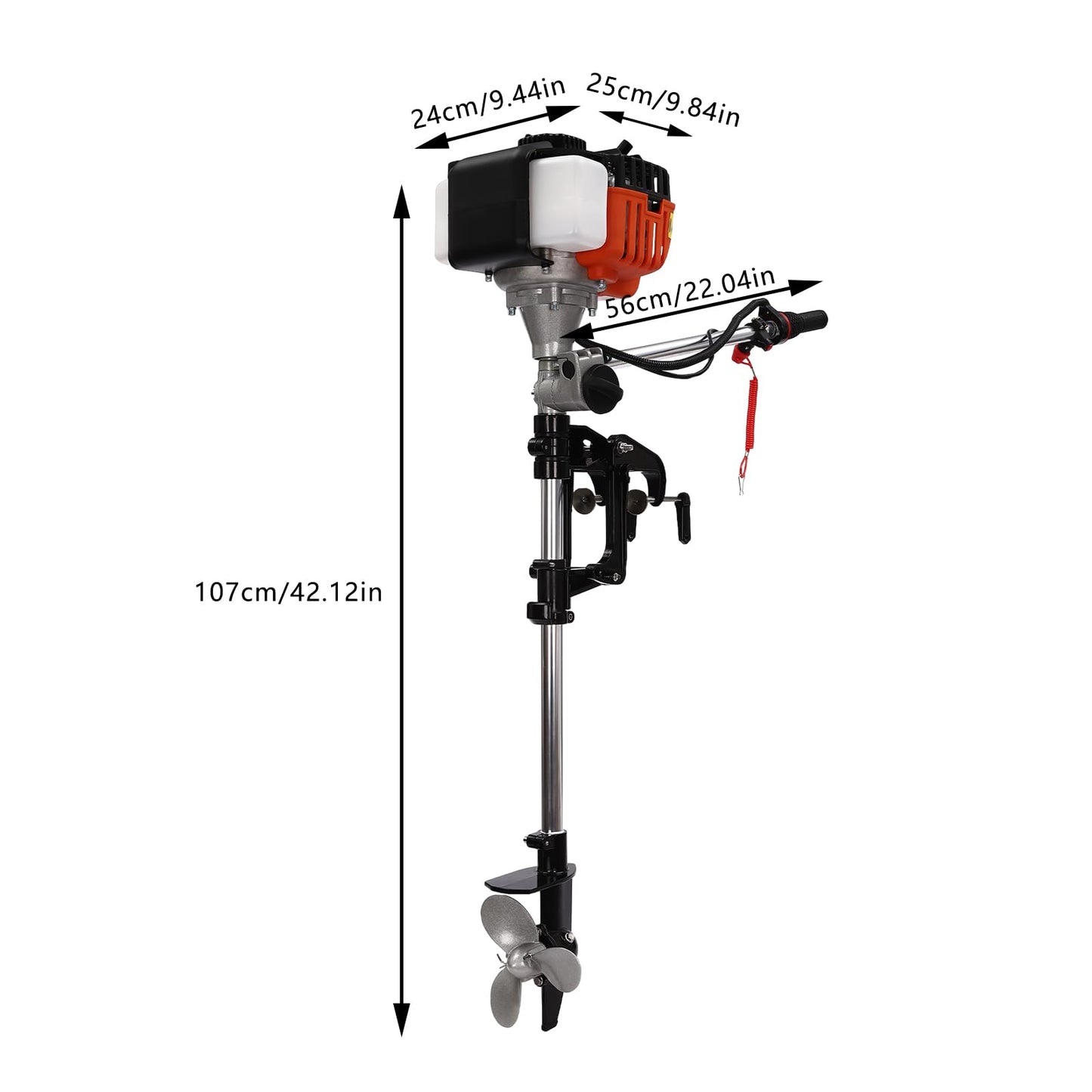 6HP Heavy Duty Outboard Motor, 170cc 4 Stroke Gas Outboard Boat Motor Engine with Air Cooling System, 3.2KW Single Cylinder Fishing Boat Engine for 3-7m Length