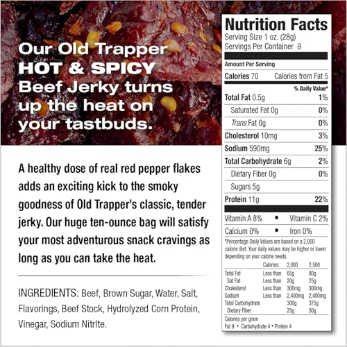 Old Trapper Beef Jerky, Old-Fashioned 10-Ounce Bag, Tender Meat Snacks for Lunches or Between Meals, 11 Grams of Protein, Zero Grams of Fat, and 70 Calories per Ounce (Pack of One)