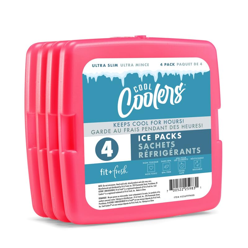 Cool Coolers by Fit & Fresh 4 Pack Slim Ice Packs, Quick Freeze Space Saving Reusable Ice Packs for Lunch Boxes or Coolers, Multi Colored