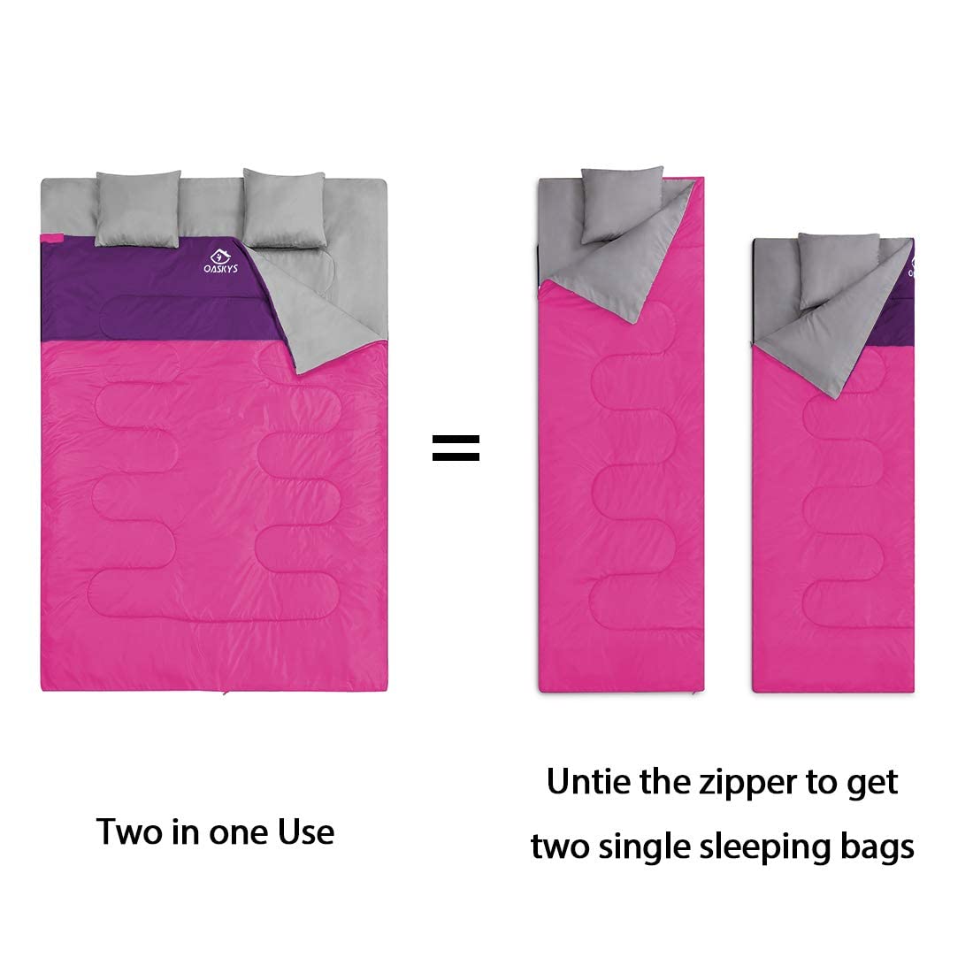 oaskys Double Sleeping Bag for Adults with 2 Pillows - Queen Size XL Waterproof Sleeping Bag for All Season Camping Hiking Backpacking 2 Person Sleeping Bags for Cold Weather & Warm