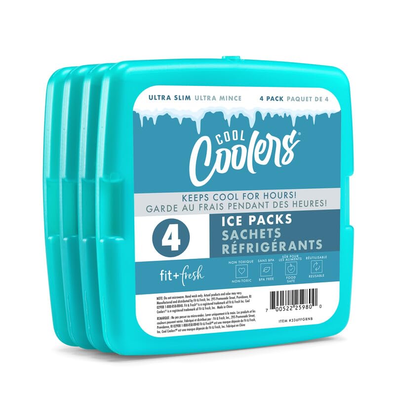 Cool Coolers by Fit & Fresh 4 Pack Slim Ice Packs, Quick Freeze Space Saving Reusable Ice Packs for Lunch Boxes or Coolers, Multi Colored