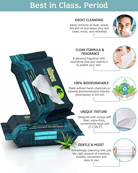 Combat Wipes ACTIVE Outdoor Wet Wipes - Extra Thick Camping Gear, Biodegradable, Body & Hand Cleansing/Refreshing Cloths for Backpacking & Gym w/Natural Aloe & Vitamin E (25 Wipes)
