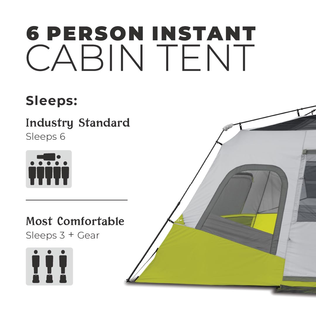 CORE Instant Cabin Tents | 6 Person / 9 Person / 10 Person / 12 Person Family Cabin Multi Room Pop Up Tents Car Camping | Included Storage Pockets for Camping Accessories