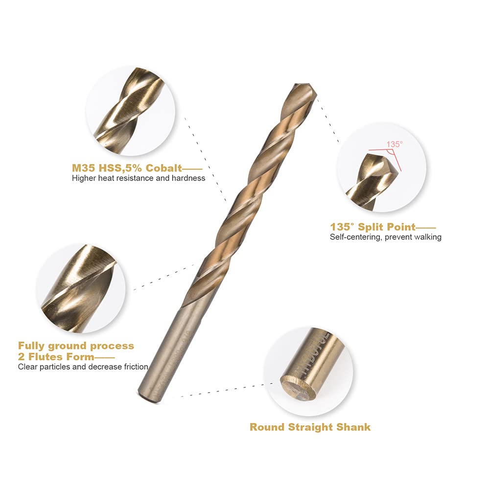 Cobalt Drill Bit Set 115 PCS - M35 High Speed Steel Twist Jobber Length Drill Bits for Hardened Metal, Stainless Steel, Cast Iron, Plastic and Wood, 1/16"-1/2", A-Z, 1-60