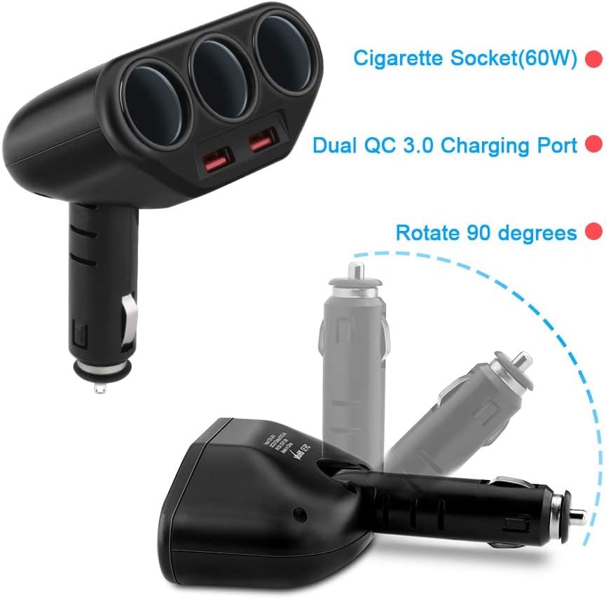 Car Charger Splitter Adapter 3-Socket 2-Port USB Quick Charge 3.0,120W 12V/24V DC Outlet Multi Socket Car Cigarette Lighter Splitter QC3.0 Dual Car Charger Power Outlet Splitter Extender