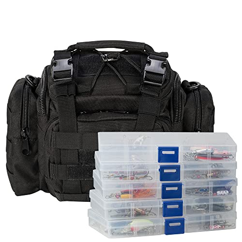 Dr.Fish Fishing Tackle Bag 5 Boxes with 60 Lures Included Loaded Stocked Tackle Box Set Spinner Lures Kit Freshwater Gear Equipment