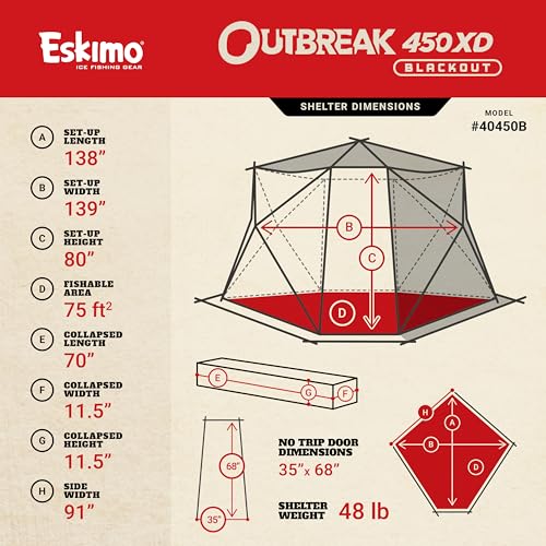 Eskimo Outbreak Portable Pop-Up Ice Fishing Shelter, Stormshield Insulated Fabric, No Trip Door, Durable Hub Design, Deluxe Tie Downs, Red/Black