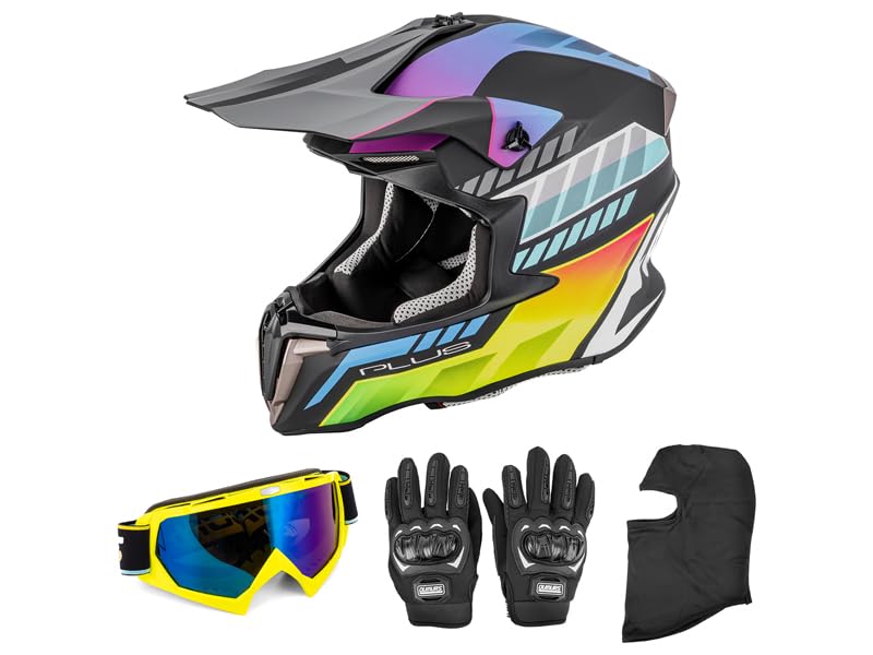 Adult ATV Dirt Bike Helmet with Goggles Gloves & Mask Quick Release Buckle Adjustable Sun Visor Motorcycle Adult Helmet Off-Road Motocross Downhill Moped MX for Unisex-Adult
