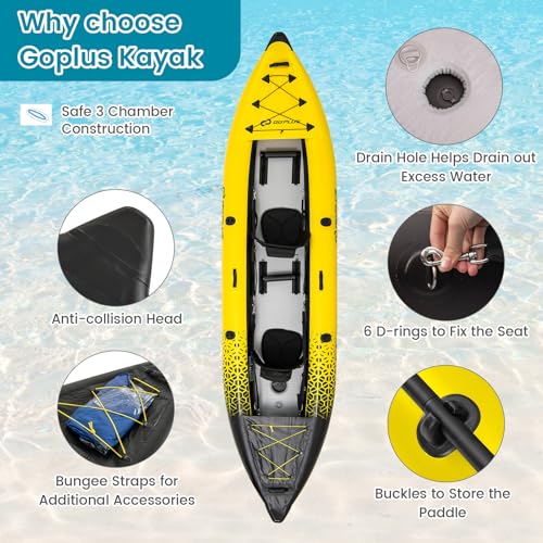 Goplus Inflatable Kayak, 2-Person Kayak Set for Adults with 507 LBS Weight Capacity, 2 Aluminium Oars, EVA Padded Seat, 2 Fins, Hand Pump, Carry Bag, Repair Kit, Portable Touring Kayaks