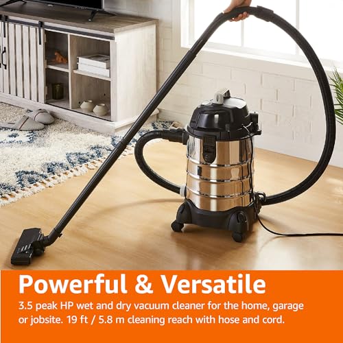 Amazon Basics Wet Dry Vacuum Cleaner, 4 gallon Shop, 3 HP Stainless Steel, Grey/Black