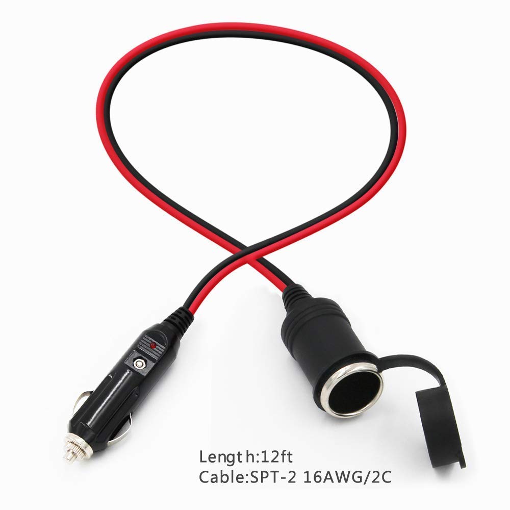 12V Cigarette Lighter Extension Cord 12FT -Car Charger Cigar Lighter Male Plug to Female Socket 16AWG Heavy Duty Extension Cable with LED Lights Extender for Air Compressor Pump and Tire Inflator 15A