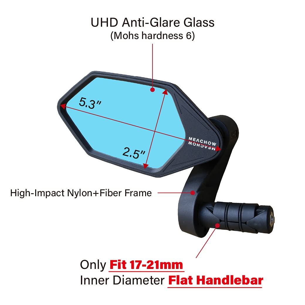 MEACHOW New Bar End Bike Mirror, Crystal UHD Automotive Grade Glass Lens E-Bike Mirrors, Scratch Resistant, Safe Rearview Mirrors, (Silver Left Side) ME-022LS