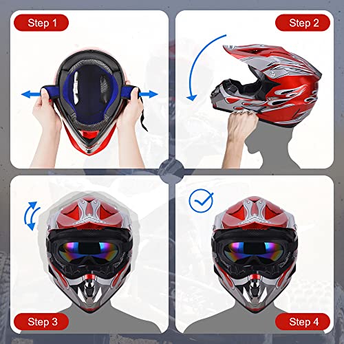 Adult Motocross Dirt Bike Helmet with Goggle, Gloves & Mask - DOT/FMVSS-218 Off-Road Motorcycle & ATV Helmet with Adjustable Sun Visor