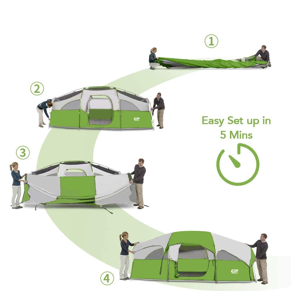 CAMPROS CP Tent 8 Person Camping Tents, Weather Resistant Family Tent, 5 Large Mesh Windows, Double Layer, Divided Curtain for Separated Room, Portable with Carry Bag