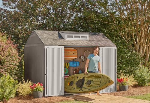 Rubbermaid Extra Large Resin Outdoor Storage Shed With Floor (7 x 10 Ft.), Weather Resistant, Brown, Organization for Home/Lawn Mower/Backyard Equipment/Bike Storage/Pool Supplies