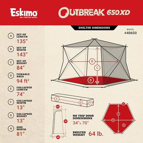 Eskimo Outbreak Portable Pop-Up Ice Fishing Shelter, Stormshield Insulated Fabric, No Trip Door, Durable Hub Design, Deluxe Tie Downs, Red/Black