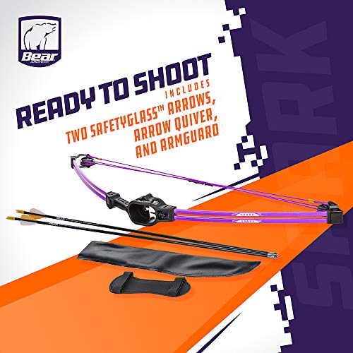 Bear Archery Spark Youth Bow Set, Recommended for Ages 5 to 10, Ambidextrous, Includes 2 Arrows, Armguard, Quiver