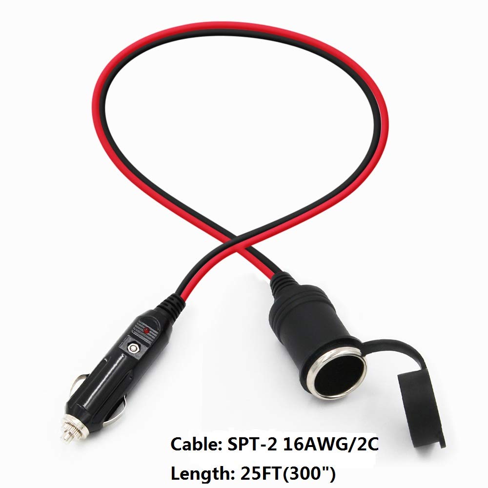 12V Cigarette Lighter Extension Cord 12FT -Car Charger Cigar Lighter Male Plug to Female Socket 16AWG Heavy Duty Extension Cable with LED Lights Extender for Air Compressor Pump and Tire Inflator 15A