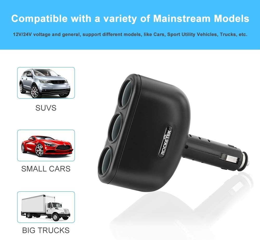 Car Charger Splitter Adapter 3-Socket 2-Port USB Quick Charge 3.0,120W 12V/24V DC Outlet Multi Socket Car Cigarette Lighter Splitter QC3.0 Dual Car Charger Power Outlet Splitter Extender