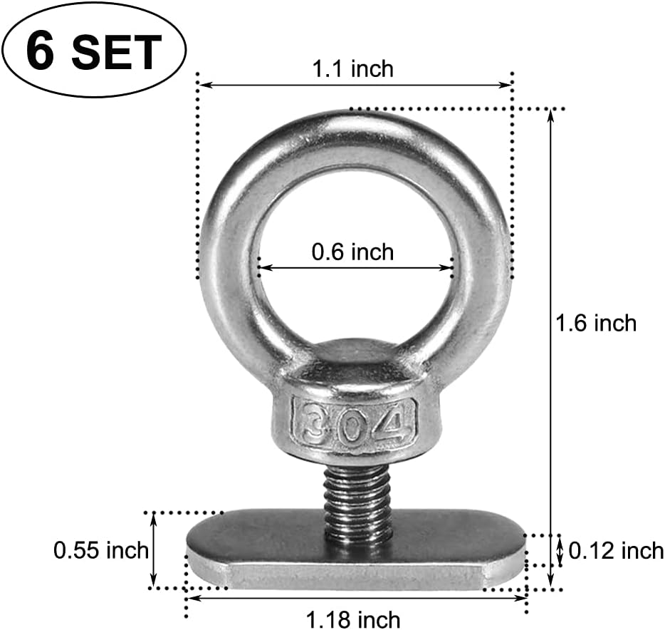 6 Packs Stainless Steel Kayak Track Mount Tie Down Eyelet Rail for Kayak Canoe Boat Bungee Cord or Ropes
