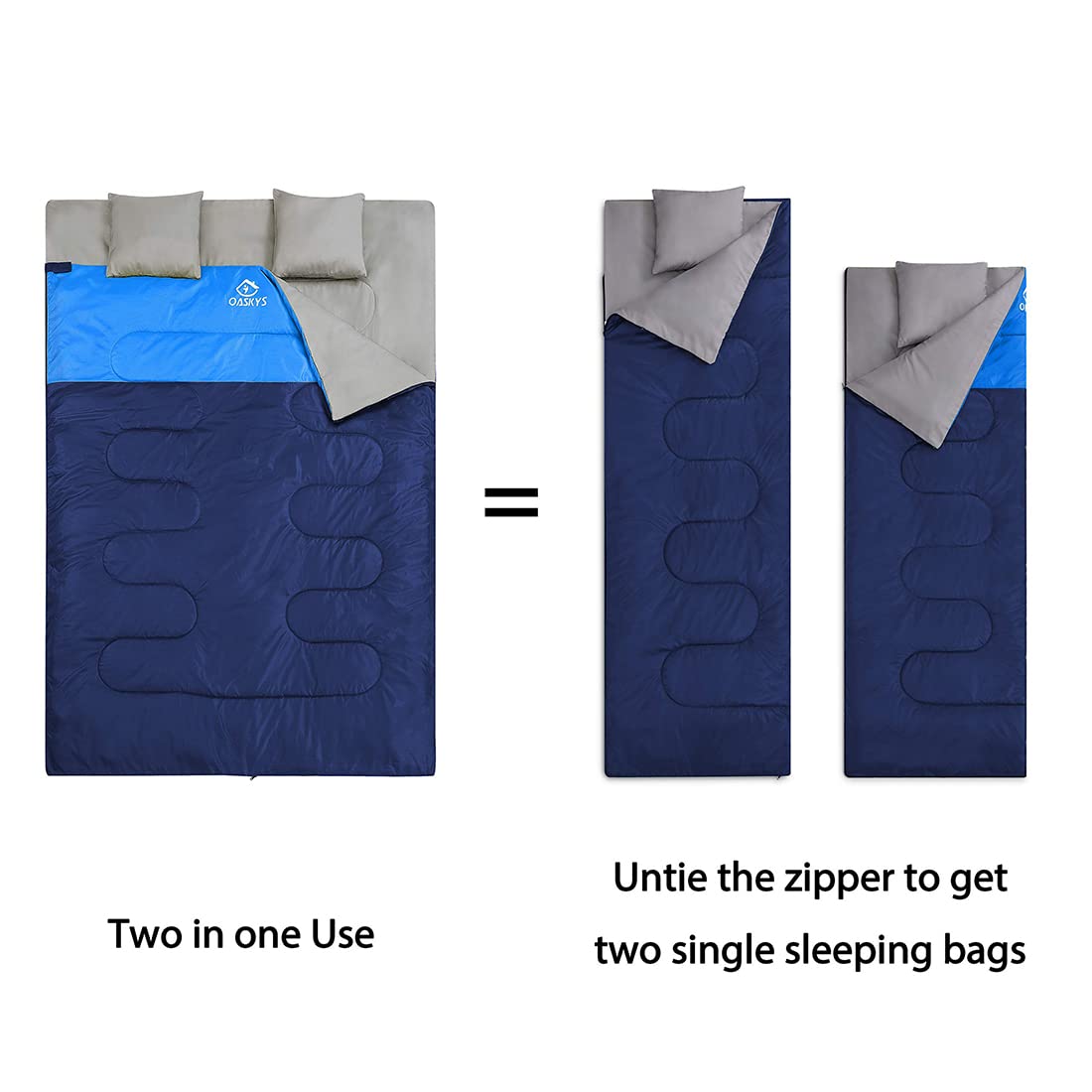 oaskys Double Sleeping Bag for Adults with 2 Pillows - Queen Size XL Waterproof Sleeping Bag for All Season Camping Hiking Backpacking 2 Person Sleeping Bags for Cold Weather & Warm