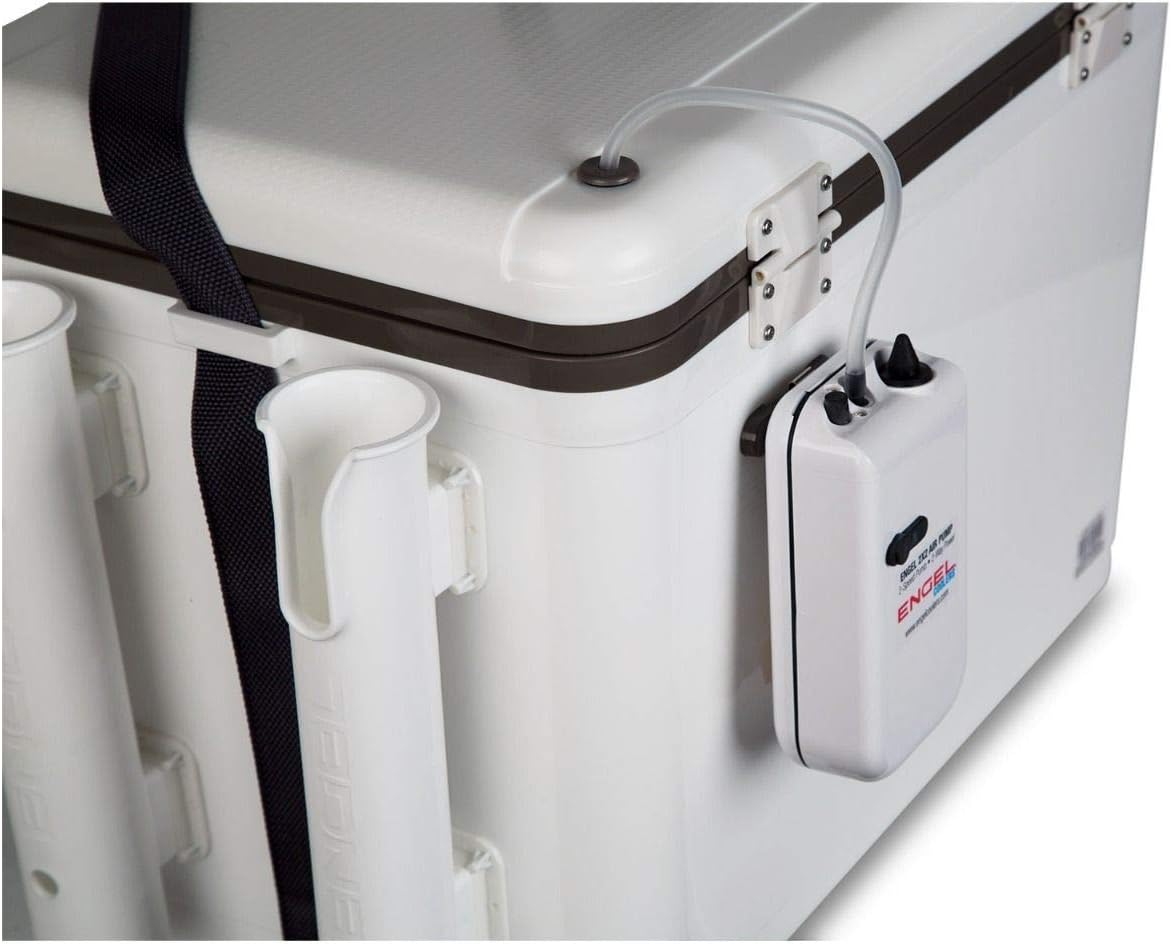 Engel 30qt Live Bait Cooler Box with 2nd Gen 2-Speed Portable Aerator Pump and 4 x Fishing Rod Holder Attachments. Fishing Bait Station and Minnow Bucket in LBC30-RH in White