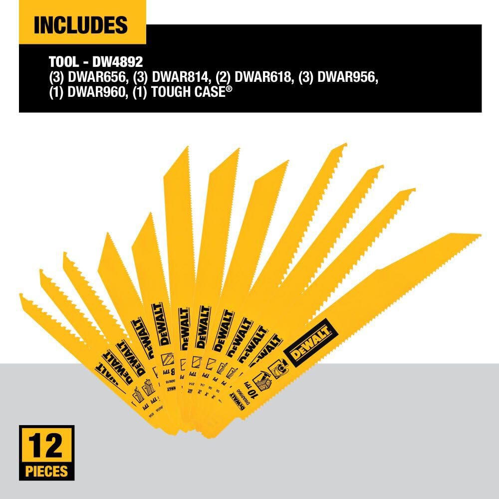 DEWALT Reciprocating Saw Blade Set for Metal Wood Iron, 12 Piece Bi-Metal Increased Durability Blades, with Storage Case (DW4892)