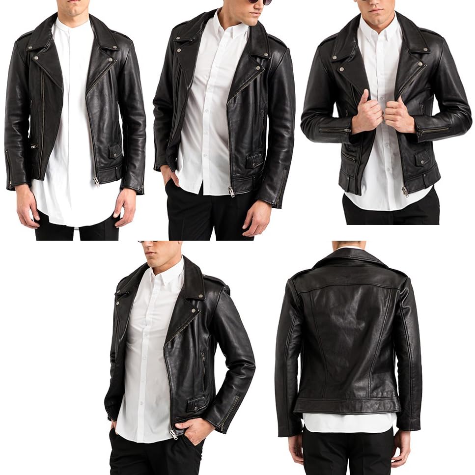 DECIMAL Men's Black Genuine Lambskin Leather Biker Jacket VINTAGE REAL BROWN MOTORCYCLE JACKETS FOR MEN