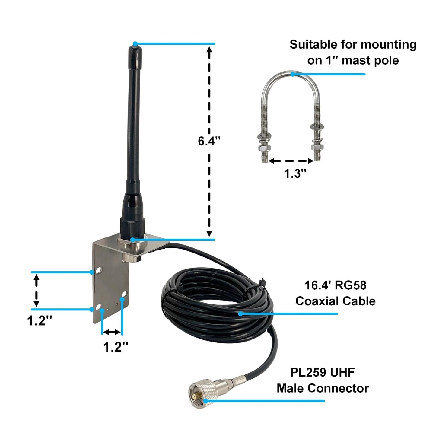 VM100 VHF Marine Radio Antenna,44 Inch Waterproof Fiberglass Boat Antenna with Adjustable Ratchet Fixed Mount and 16 ft RG-58U Cable