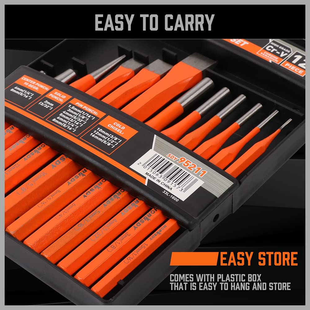 HORUSDY 16-Piece Punch and Chisel Set, Including Taper Punch, Cold Chisels, Pin Punch, Center Punch