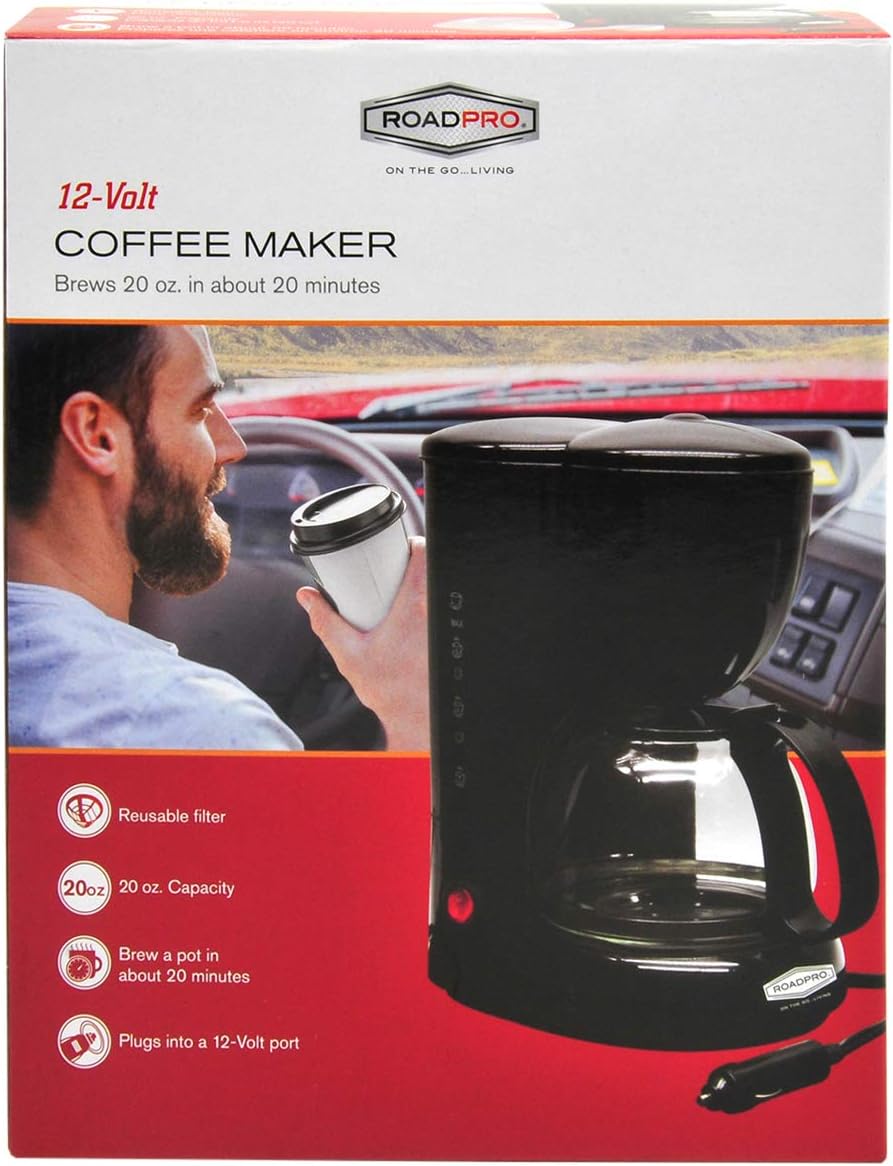 RoadPro RPSC785 12-Volt Coffee Maker with Glass Carafe Reusable Filter 20oz Capacity, Black