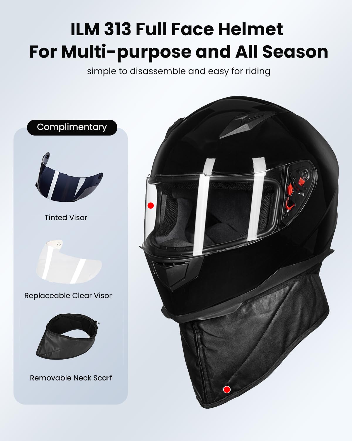 ILM Full Face Motorcycle Street Bike Helmet with Removable Winter Neck Scarf + 2 Visors DOT Model-JK313